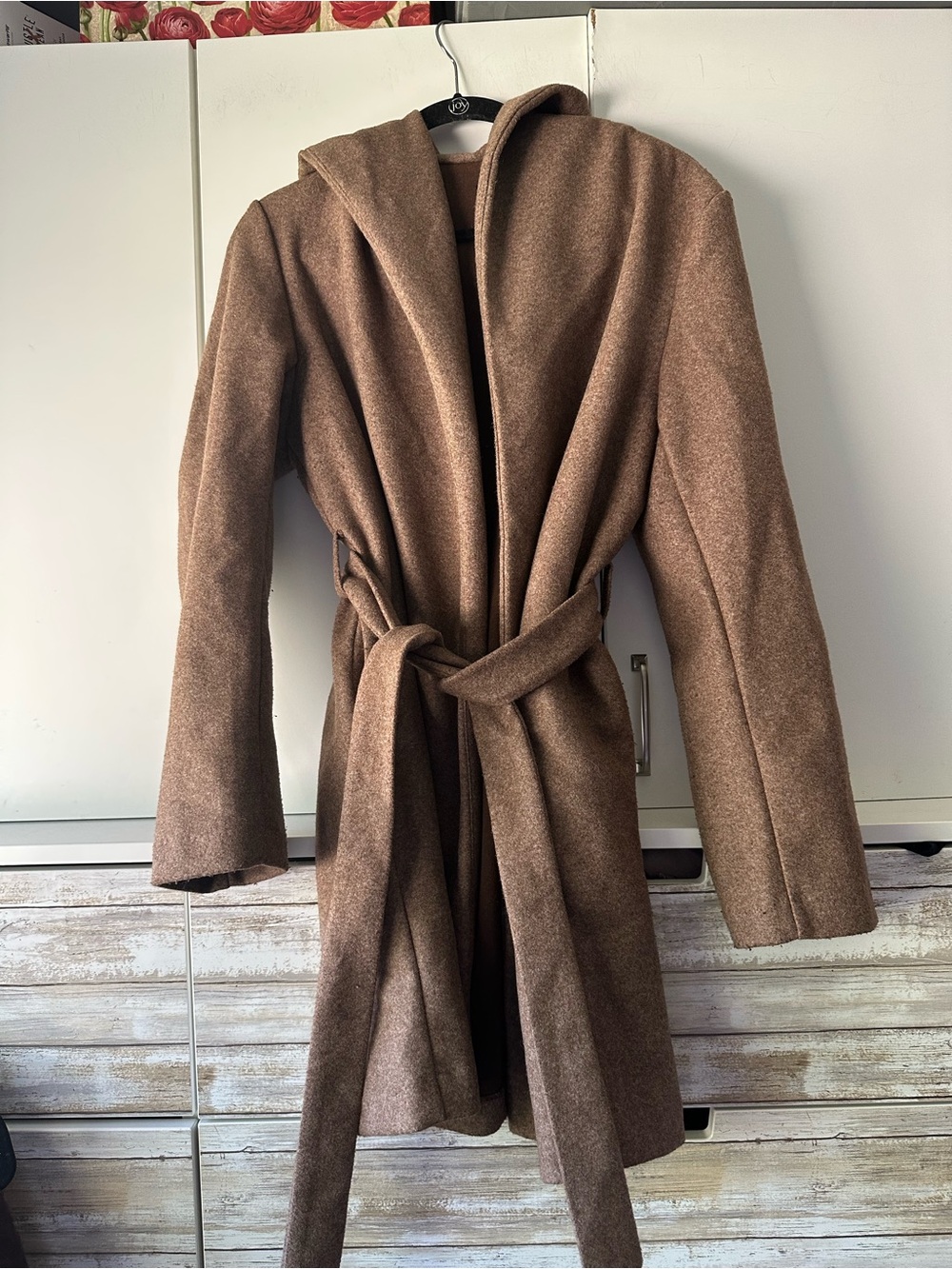 🧥 Love Tree Brown Hooded Belted Coat Size Large Open Front Longline